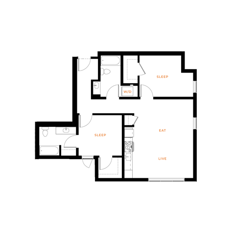 Floor plan for 2 beds, 2 baths, 939 sqft